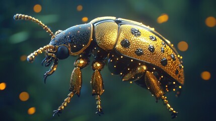 Fototapeta premium Macro close up of a mesmerizing golden beetle with an intricate metallic texture and ornate iridescent details The shiny