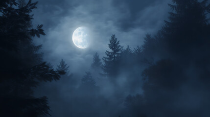 Fototapeta premium Full moon illuminating a dense foggy forest