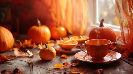 Autumn-Themed Table Setting with Pumpkins and Tea