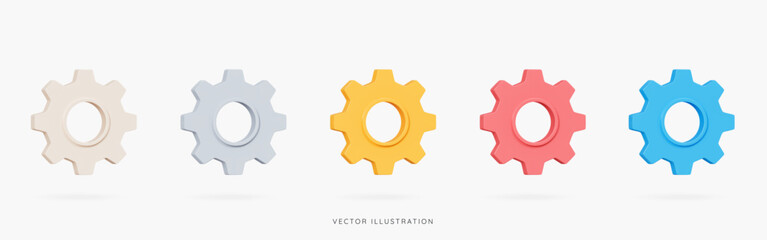 3D Cogwheel gear icon set in different colors. Engineering technical support. System update. Setup and optimization. Setting symbols. Cartoon design element isolated on white. 3D Vector illustration