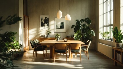 Fototapeta premium Sunlit Modern Dining Room with Lush Greenery