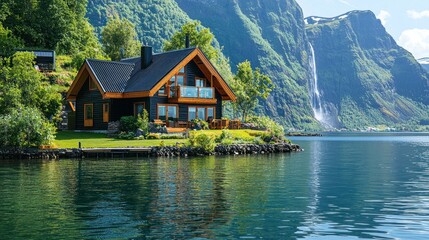 Fototapeta premium Spectacular Lakeside Cabin nestled in Norwegian Fjord