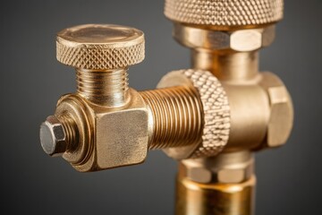 Close-up of a golden brass valve with intricate threading and a knurled knob.