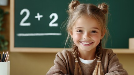 A cheerful girl around ten years old sits at her desk smiling widely at the camera. Behind her is a green board with 2 + 2 written in chalk reflecting her engagement in learning