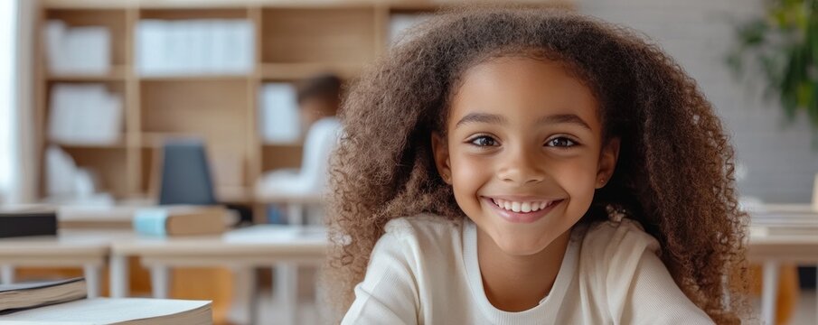 A cheerful African girl around 12 years old smiles warmly while studying a book at her desk. The minimalistic classroom features rough walls and limited furniture creating an inviting atmosphere