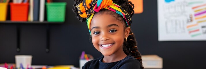 An African American girl around eight years old beams a warm smile while seated at a school desk. Her notebook is open and colorful educational posters decorate the cheerful classroom