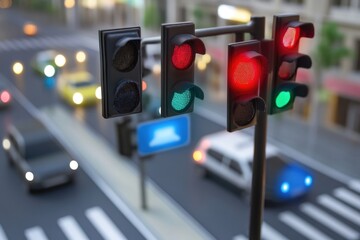A traffic light standing tall on a street pole, surrounded by urban infrastructure