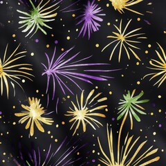 Naklejka premium Mardi Gras theme with A black and gold and purple and green firework pattern. The firework pattern is made up of many small firework shapes