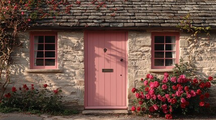 Charming Cottage with Pink Door and Roses