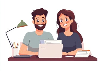 Obraz premium Content Couple Reviewing Finances Together Online for Budget Planning and Bill Management