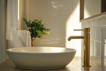 Fototapeta premium Stylish Bathroom Featuring Brushed Brass Tap Mixer Over Timber Vanity with White Basin Illuminated by Natural Light