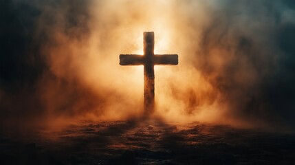 Mystical cross with smoky effect and light rays for spiritual meditation and reflection