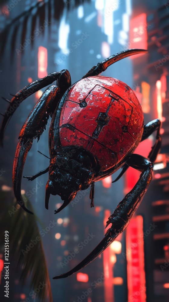 Wall mural spooky and creepy digital of a bizarre spider like bug creature with a glowing red carapace fangs an