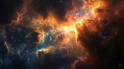 Fototapeta premium A magnificent cosmic nebula captivates with its bright, fiery hues and swirling clouds, creating an expansive celestial landscape filled with glowing stars.