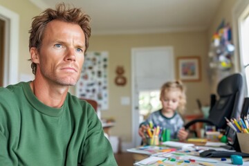 Obraz premium Working from home with small child. Single parent in cluttered home with little kid. Man is tired and trying to keep calm because he must work and looking after his daughter