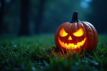Fototapeta premium Glowing jack o lantern on a patch of emerald grass, spooky, night