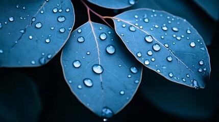 A macro shot of deep blue leaves adorned with glistening water droplets, capturing the beauty of nature in intricate detail