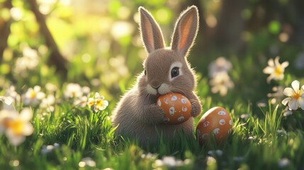 Adorable Bunny Enjoying a Colorful Easter Egg in a Festive Celebration