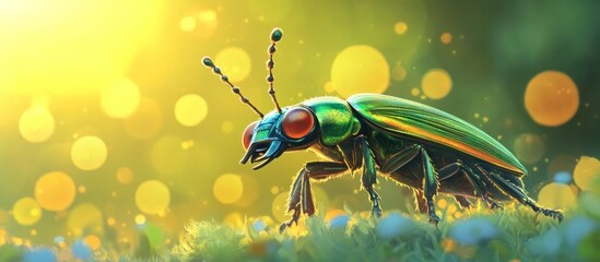 Fototapeta premium Closeup of a shiny iridescent green metallic beetle crawling on a leaf in a sunlit garden The intricate details and vibrant colors of the insect s body and wings create a captivating natural scene