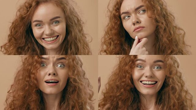 A collection of four portraits captures a woman with curly hair expressing distinct emotions.
