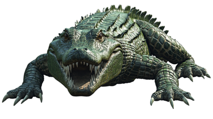 A large, realistic crocodile with detailed, textured green scales, its long body sprawled along the riverbank, eyes sharply focused, exuding a sense of strength and dominance in its natural habitat