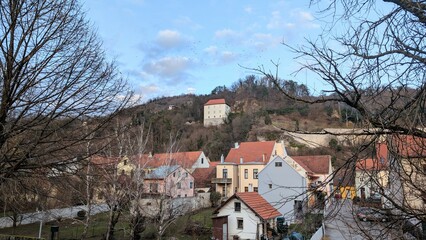 Obraz premium beautiful winter scenery, Stari grad on the hill at Krapina town, Croatia, Hrvatsko zagorje