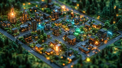 Obraz premium Night Cityscape Miniature: A Green Urban Oasis