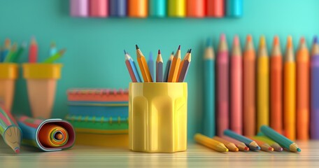 Fototapeta premium Pencil art design or educational stationery equipment in yellow with crayon paint and a writing tool on a creative background. 3D graphics, Generative AI.