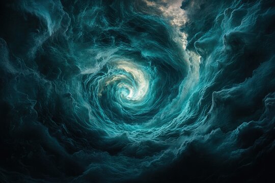 A mesmerizing teal vortex of swirling clouds, creating a mystical and ethereal scene.