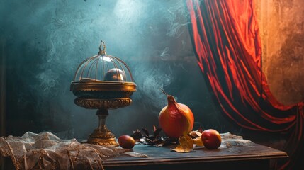 Luxurious Dining Setup with Fruits and Drapes