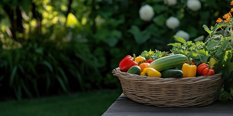 A rustic basket brimming with a colorful assortment of summer vegetables including peppers zucchini and cucumbers rests on a wooden table