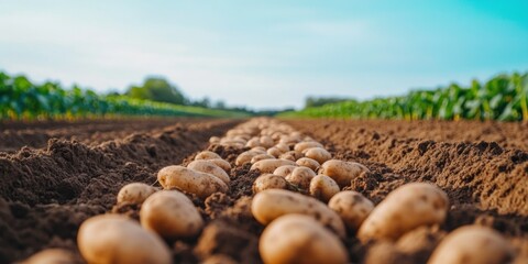 Fototapeta premium Close-up view of freshly dug potatoes scattered on earthy ground showcasing vibrant agricultural rows in the distance. A natural feel emphasizes local produce and sustainable farming practices