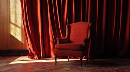 Elegant red armchair with curtains in dramatic light