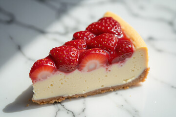 Creamy cheesecake slice with strawberry topping on marble countertop