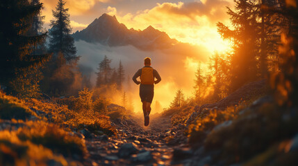 A determined man running through rugged mountain trails at dawn pushing his limits in a pristine natural environment as golden sunlight filters through the trees