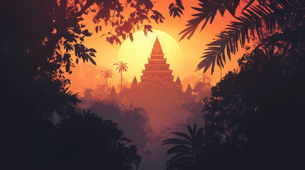 Ancient temple at sunrise, framed by jungle foliage, golden hour, misty atmosphere. Gilded Temple. Illustration