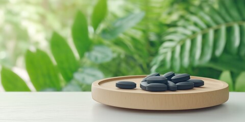 A rustic wooden plate sits on a table showcasing dark herbal tablets. Blurred foliage in the background adds a natural ambiance creating a serene setting for dietary supplements