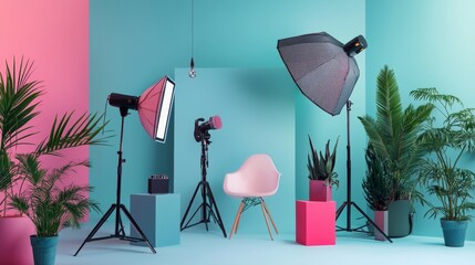 Colorful photography studio setup with lights and plants