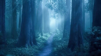 Naklejka premium A foggy forest pathway, surrounded by tall, ancient trees and a narrow, winding trail. The atmosphere is mysterious and calming, with soft sunlight filtering through the mist.