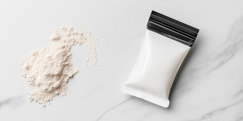 A neatly arranged supplement sachet lies flat on a light gray background