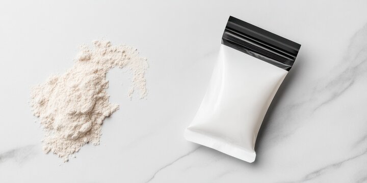 A neatly arranged supplement sachet lies flat on a light gray background