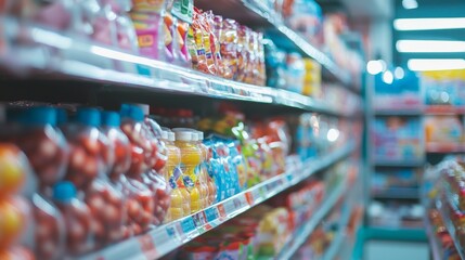 Supermarket aisle with fresh produce and vibrant lighting