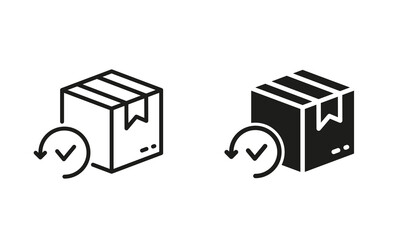 Refund Packaging Sign. Check and Return Parcel Line and Silhouette Icon Set. Editable Stroke. Isolated Vector Illustration