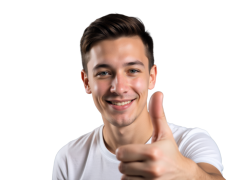 A photo of a person on a transparent background: A man in a white shirt giving a thumbs up.