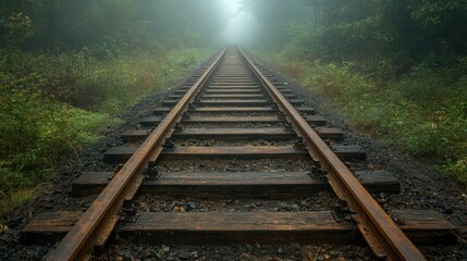 Fototapeta premium Misty Railroad Tracks Vanishing into the Foggy Forest