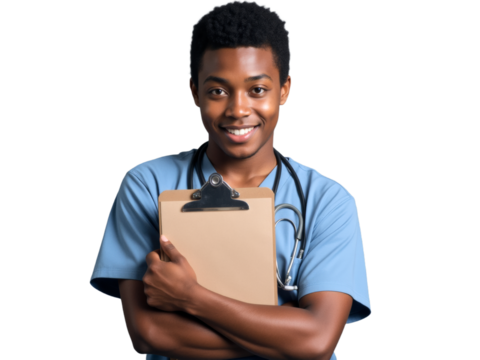 A photo of a person on a transparent background: A young man in scrubs holding a clipboard and smiling.