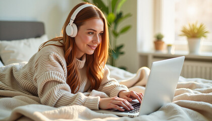 Obraz premium Young woman smiling while working on laptop in cozy bedroom, productivity
