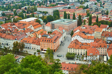 Obraz premium A stunning aerial view captures a charming town with vibrant redtiled roofs nestled peacefully amidst lush greenery