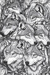 Fototapeta premium A detailed black and white drawing showcases a pack of wolves, each wolf's unique expression demonstrating deep emotion, unity, and strength against a leafy backdrop.