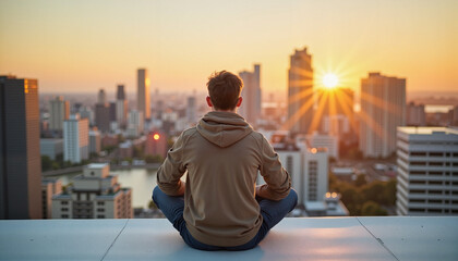 Young man enjoying sunset view on city rooftop, embracing adventure